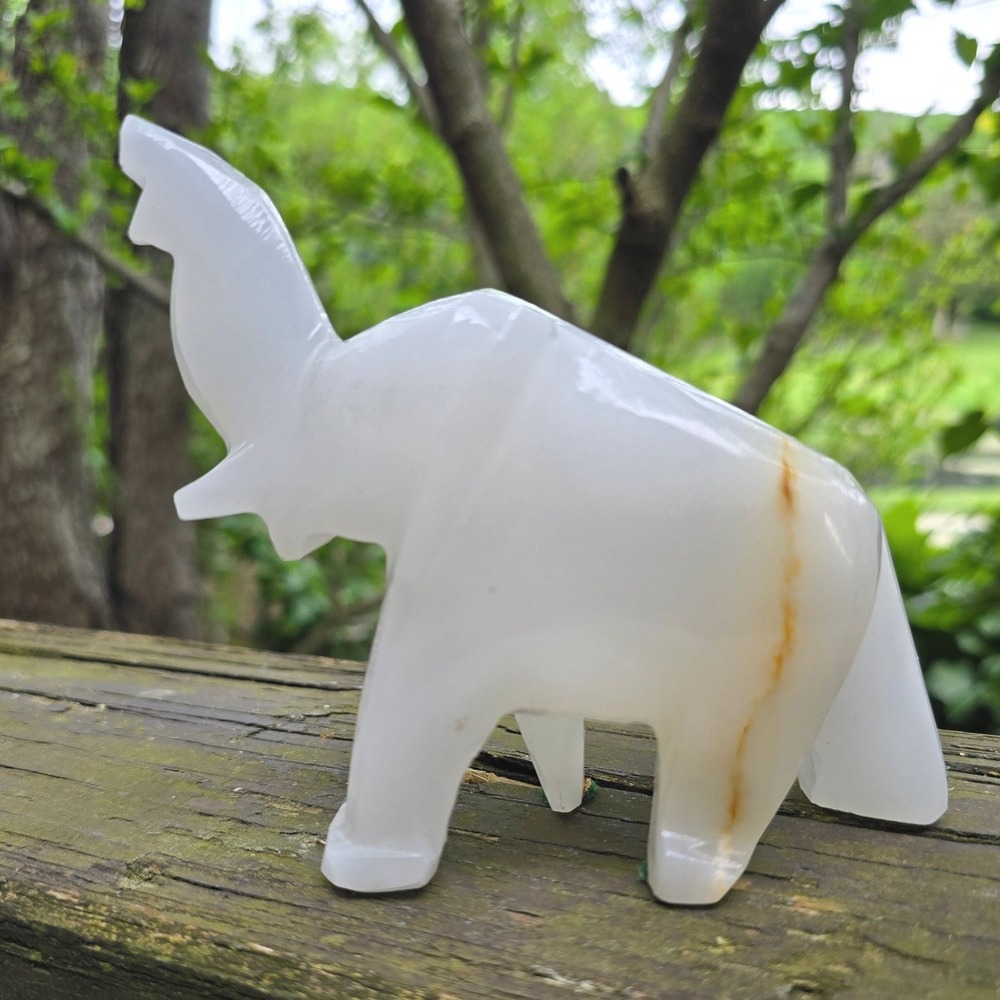 Vintage White Onyx Marble Carved Elephant Figurine Trunk Up Good Luck Crystal